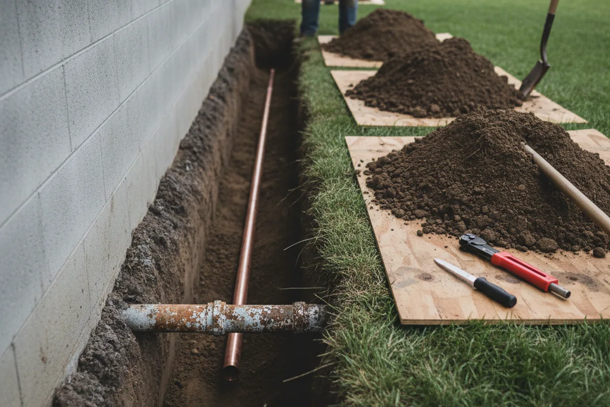 Excavated water line trench during Water Heater Repair in Nooksack